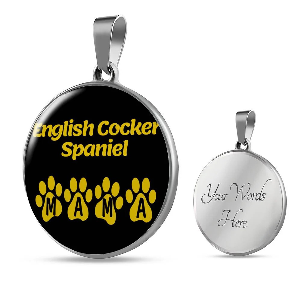 English Cocker Spaniel Mama Circle Pendant Necklace Stainless Steel 24 Inch Cha